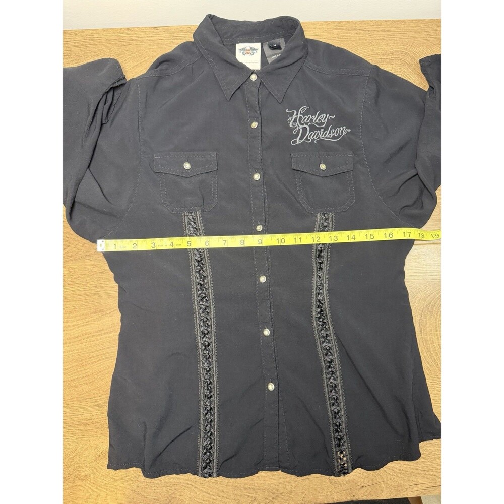 Harley Davidson Women’s M Button Up Shirt 3/4 Sleeves Ribbon Detail Angel Wings - Picture 13 of 15